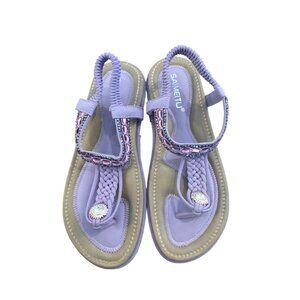 Saimeitu Beaded Sandals Women Size 6.5 Purple Braided Strap Rhinestone Embellish
